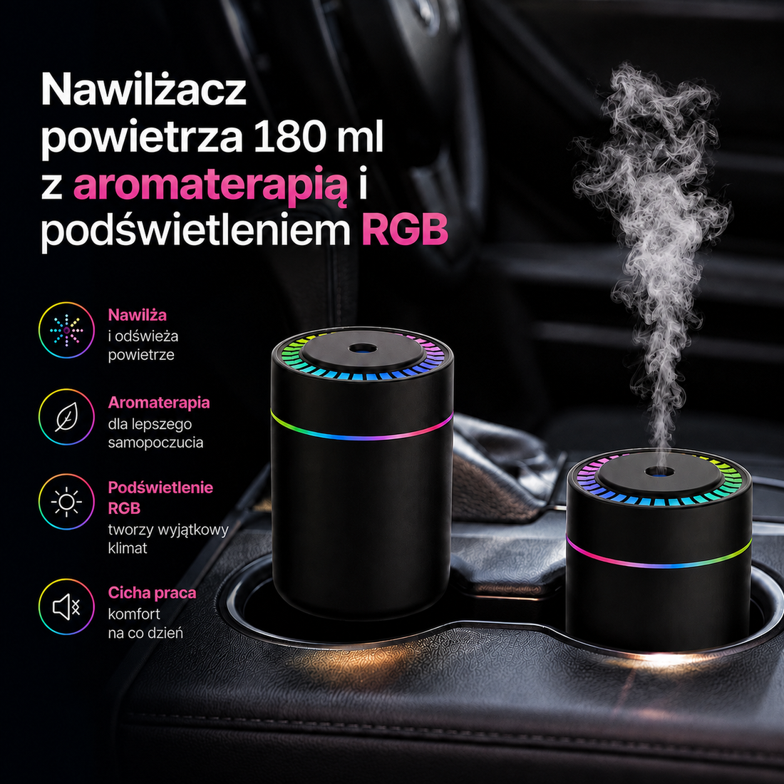 Nawilżacz powietrza 180 ml z aromaterapią i podświetleniem RGB