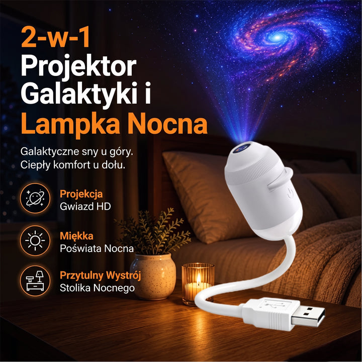 Projektor gwiazd 2w1 - lampka nocna z efektem galaktyki i zorzy